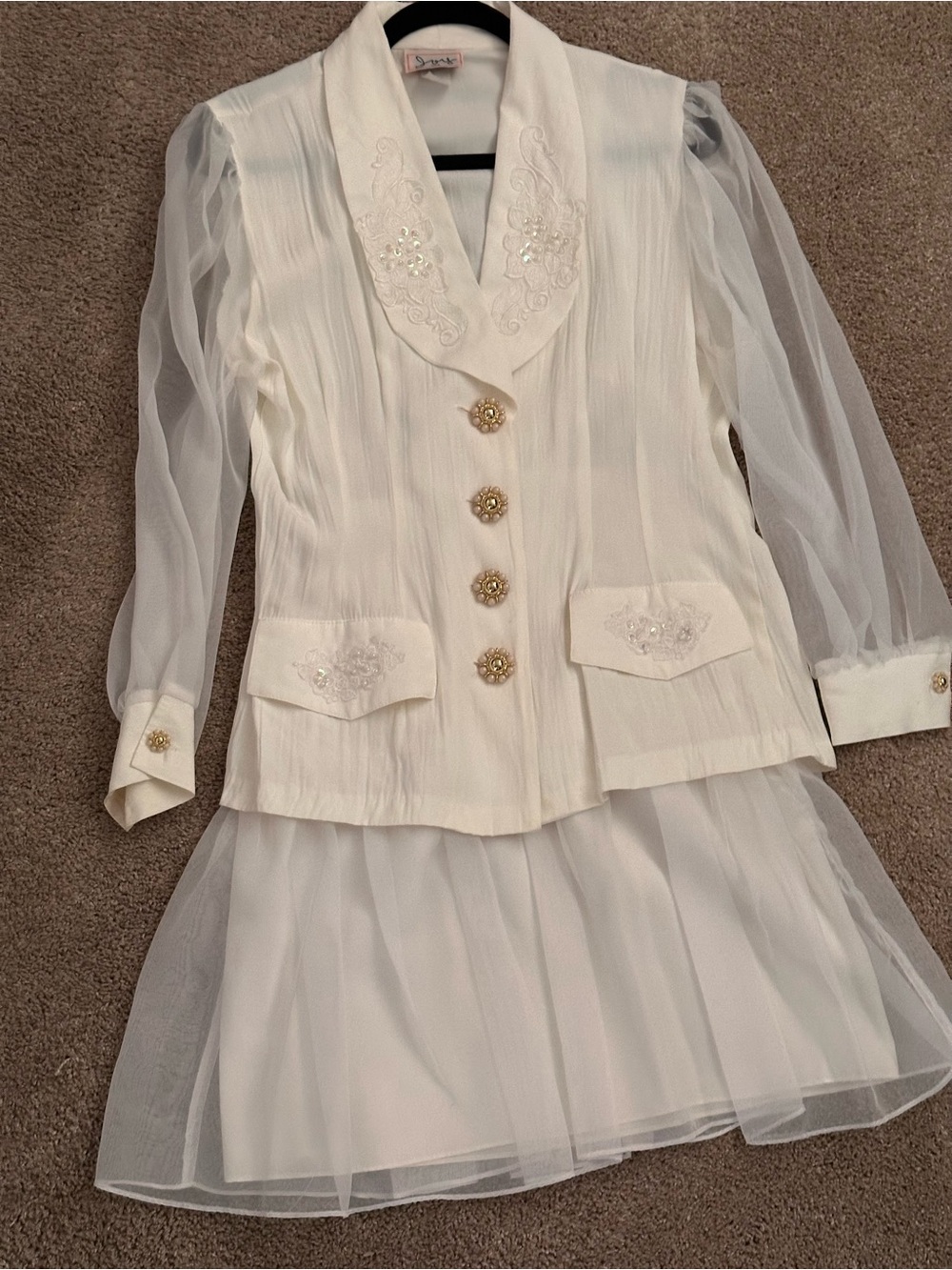 Elegant Ivory Embroidered Long Sleeve Jacket Skirt Set (Wedding) Sheer Sleeves M